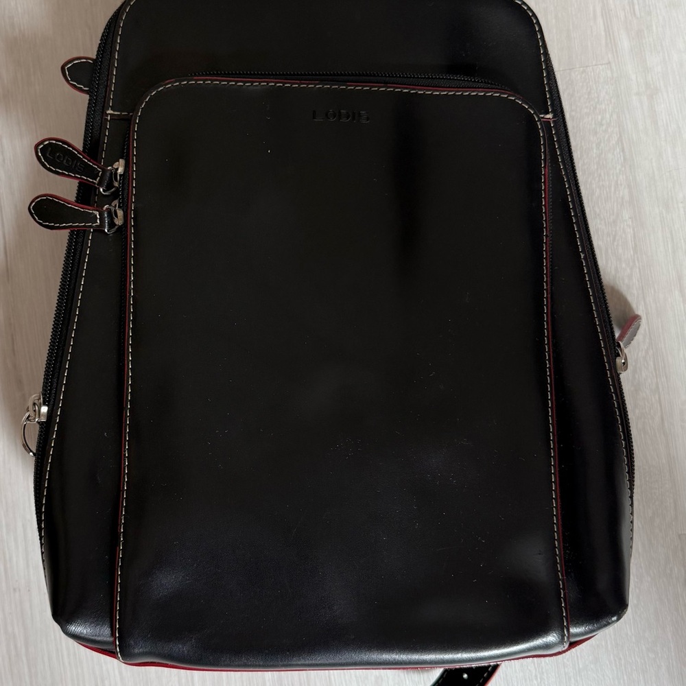 Lodis Black Leather Backpack with Red Trim